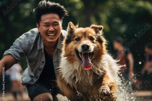 Joy of a pet owner playing with their dog at a local park, highlighting the role of companionship and affection in daily life. Generative Ai. © Sebastian