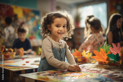 Children engage in art and crafts at a community center, showcasing the importance of creative expression and exploration in daily activities. Generative Ai.