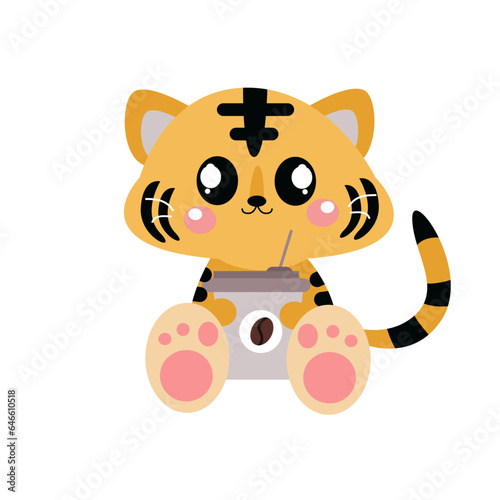 Vector cute little tiger holding a coffee cup