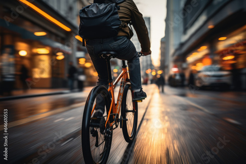A cyclist navigates through city streets, showcasing the alternative and eco-friendly mode of transportation that many embrace in their daily commutes. Generative Ai.