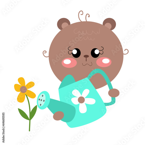 This cute teddy bear vector is watering sunflowers and this design uses a vector watercolor style 