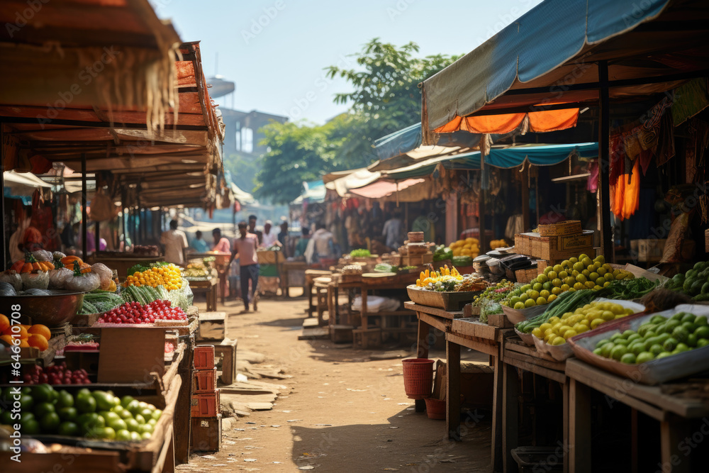 Bustling morning scene at a local market, where vendors set up stalls and shoppers browse for fresh produce. Generative Ai.