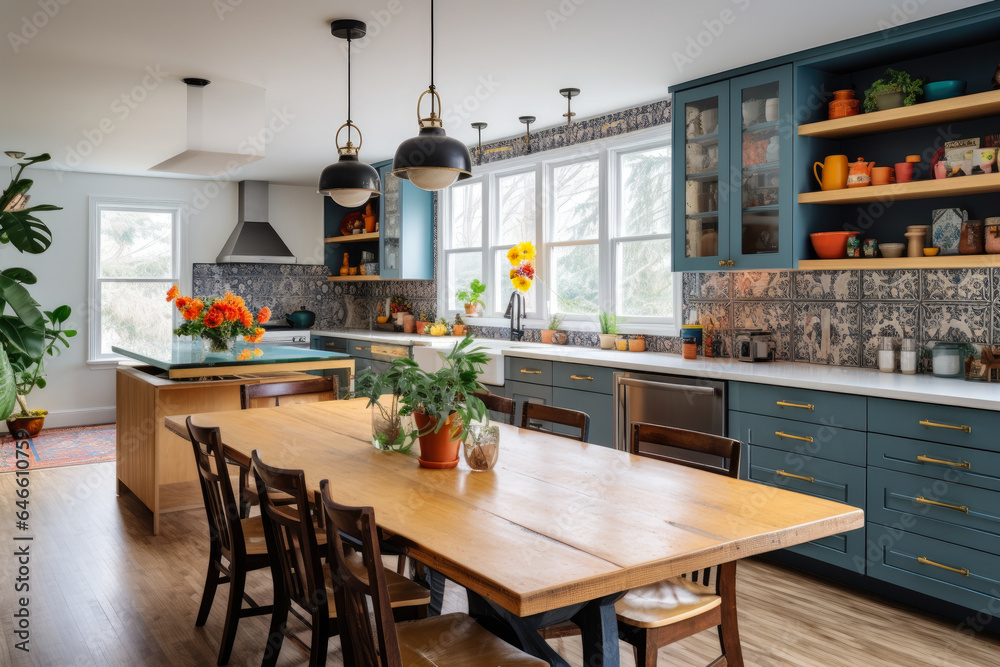 A Bohemian Oasis: A Modern Kitchen Interior with Vibrant Colors, Eclectic Decor, and Natural Elements A Bohemian Oasis: A Modern Kitchen Interior with Vibrant Colors, Eclectic Decor, and Natural Elements