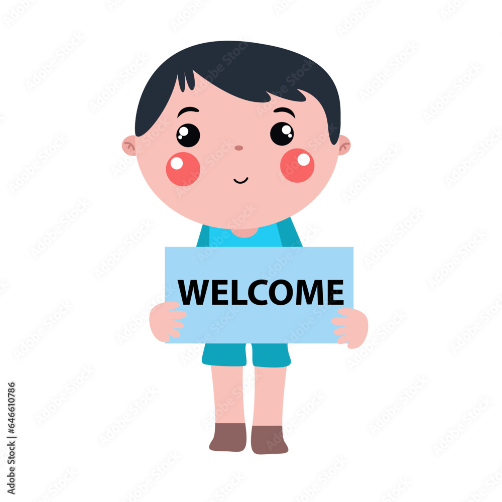 Little boy holding welcome sign and feeling happy Little boy holding welcome sign and feeling happy