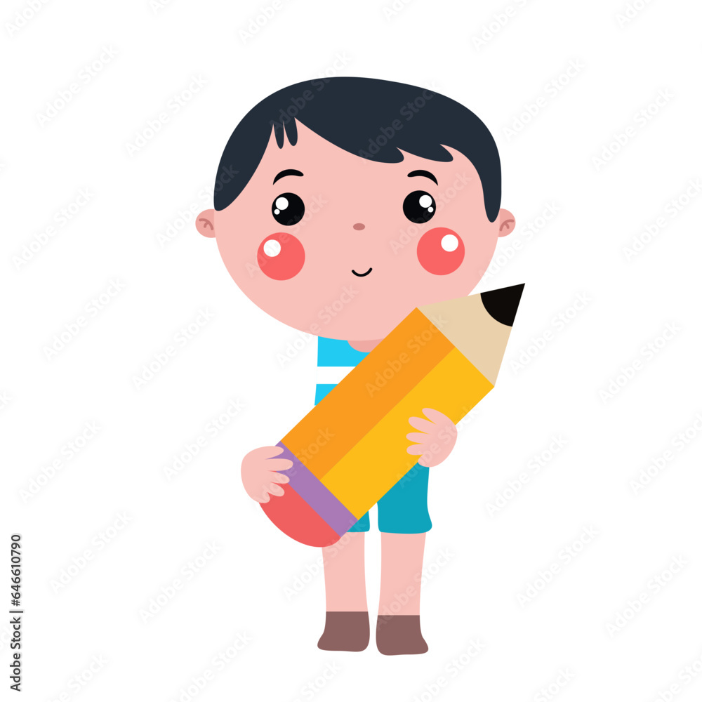 Happy cute kid boy holding big pencil Happy cute kid boy holding big pencil