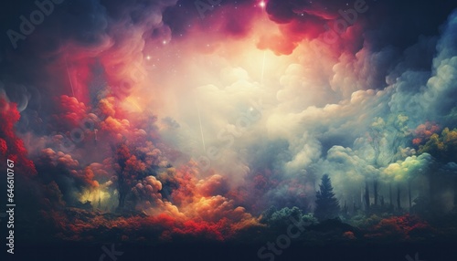 Magical Landscape 001 - A beautiful, enchanting illustration with dramatic and dreamy sky, with colors of a rainbow