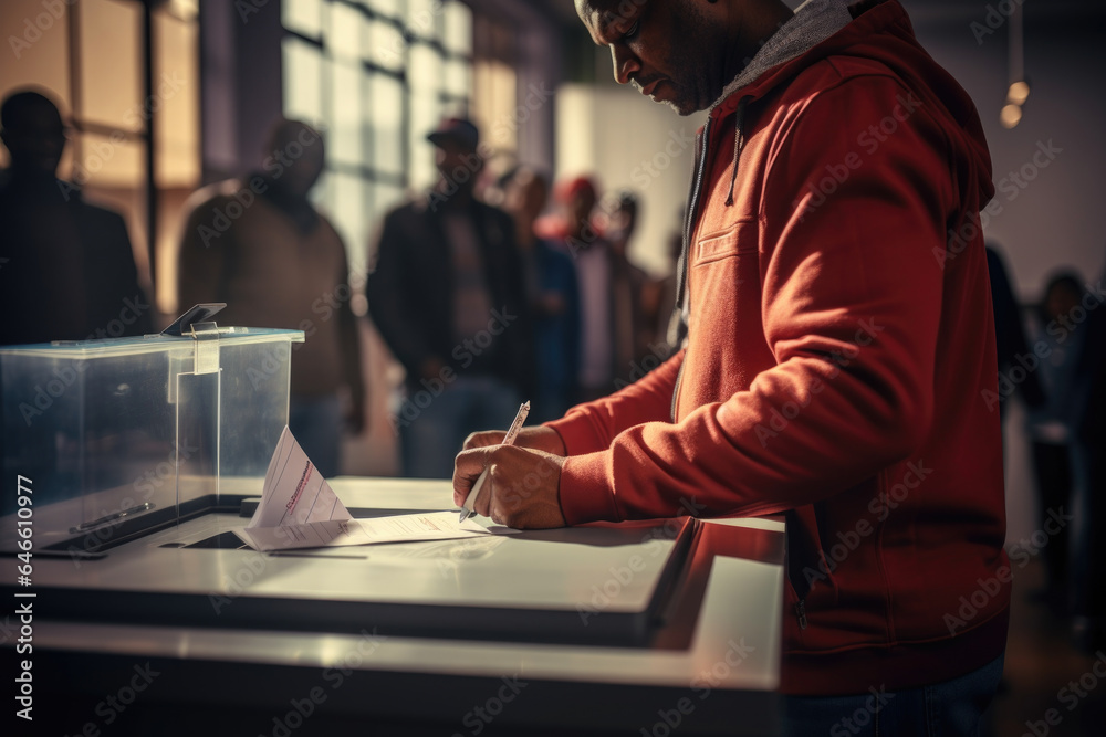 Voter casting their ballot during an election, illustrating the fundamental democratic process of participating in governance. Generative Ai.