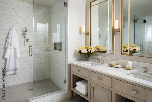 Print op canvas Transitional Bathroom with Neutral Tones and Subway Tile