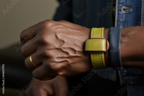 A close-up shot highlights a person's hands displaying a "Democracy Matters" wristband, conveying the advocacy for democratic values and principles. Generative Ai. © Sebastian