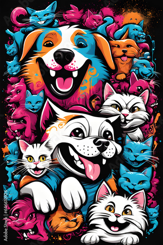Psychedelic illustration with several cats and dogs. Very colorful drawing, urban art, graffiti. Poster. Dark background.