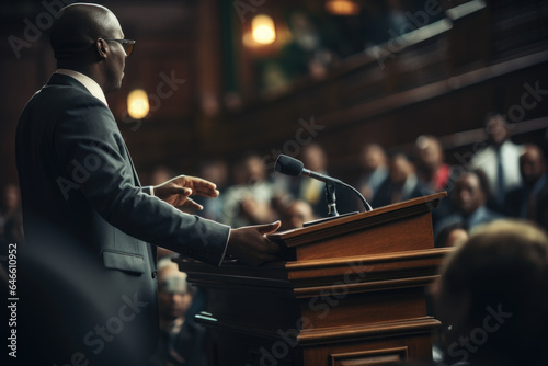 Person speaking at a podium during a public debate, representing the diversity of voices that democracy encourages. Generative Ai.