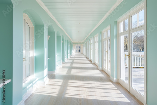 Serene and Tranquil Aqua Colored Hallway Interior with Natural Light Streaming Through Large Windows