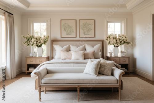 Serene Elegance  A Tranquil Bedroom Oasis with Beige Tones and Timeless Charm