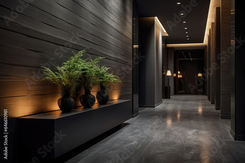 A Captivating Charcoal Colored Hallway Interior with Sleek Modern Elements and Subtle Lighting © aicandy