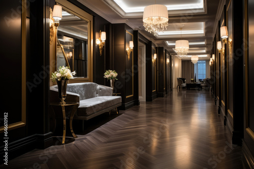 Elegant Bronze-Colored Hallway Interior with Luxurious Lighting and Modern Decor