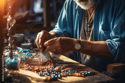 A close-up photograph focuses on a person\'s hands crafting jewelry, symbolizing the artisanal and craft labor that adds beauty to life on Labor Day. Generative Ai.