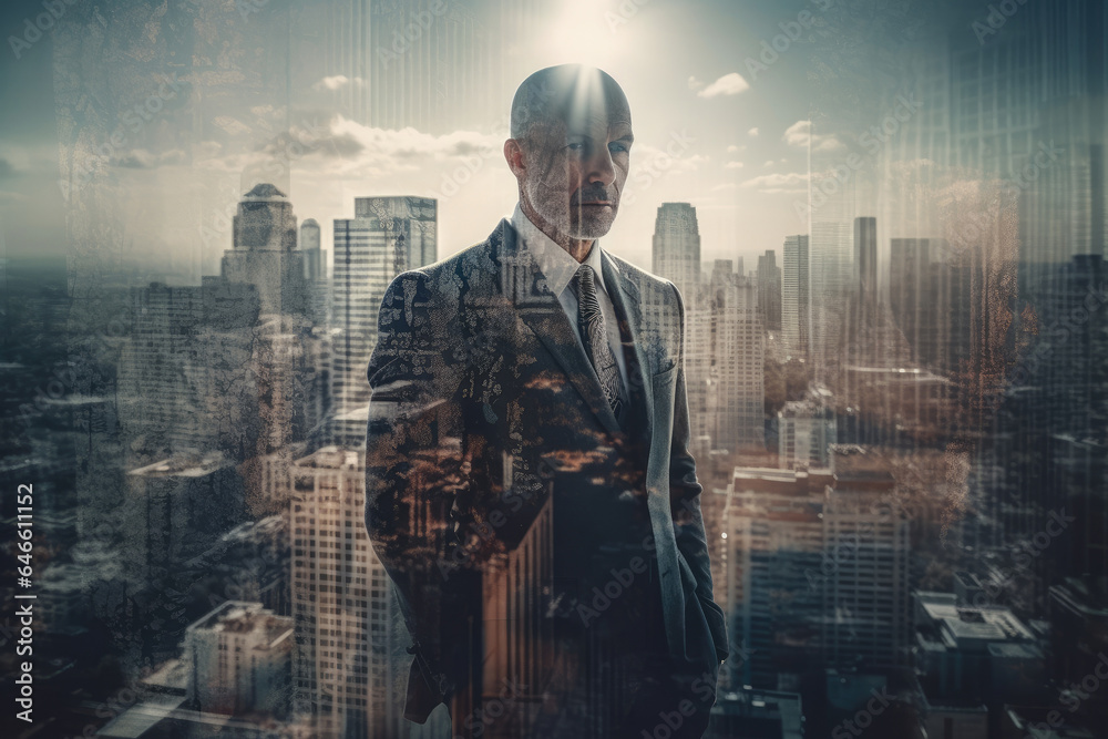 Businessman in suit standing in his office with double exposure on a huge view of a big city with huge skyscrapers, concept of business and finance, making a career. Generative AI. Businessman in suit standing in his office with double exposure on a huge view of a big city with huge skyscrapers, concept of business and finance, making a career. Generative AI.