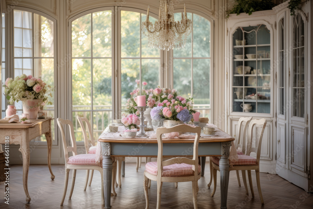 A Charming French Country Dining Room Interior adorned with Soft Pastels and Delicate Floral Patterns