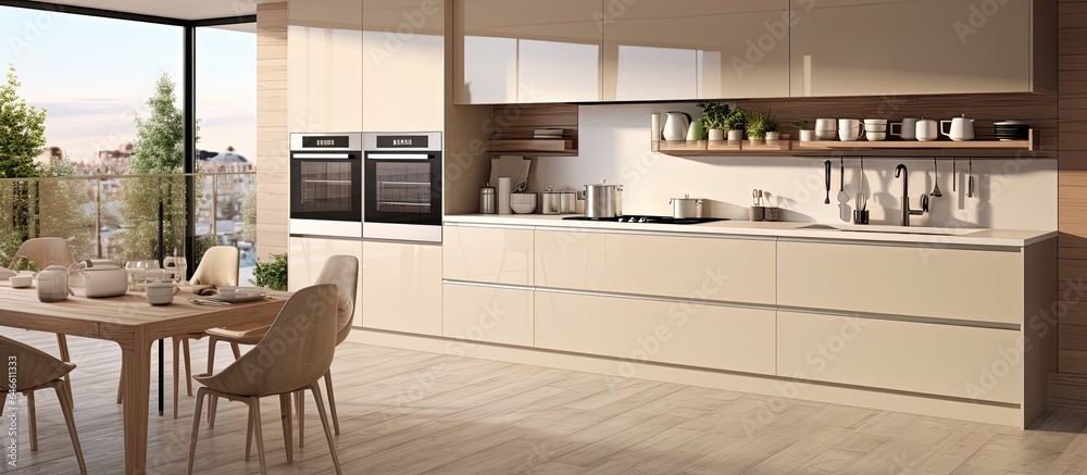 Modern beige kitchen design in a loft portrayed through illustration. Modern beige kitchen design in a loft portrayed through illustration.
