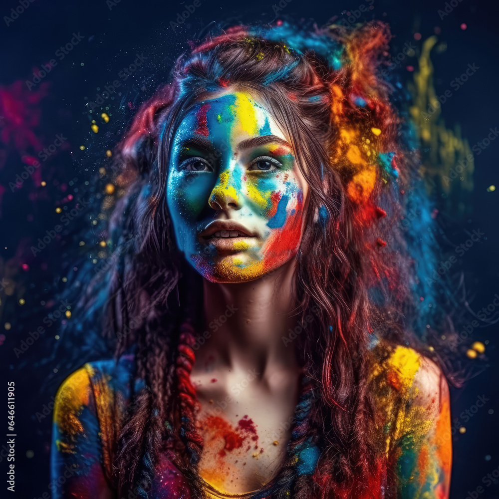 A beautiful Caucasian woman covered in colorful paint and dust, representing a creative concept. Generative Ai, Ai.