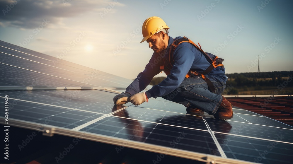custom made wallpaper toronto digitalconstruction worker installing a solar panel. generative AI