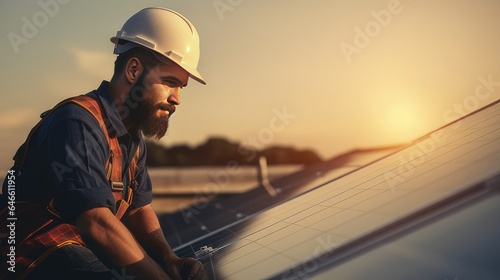 construction worker installing a solar panel. generative AI