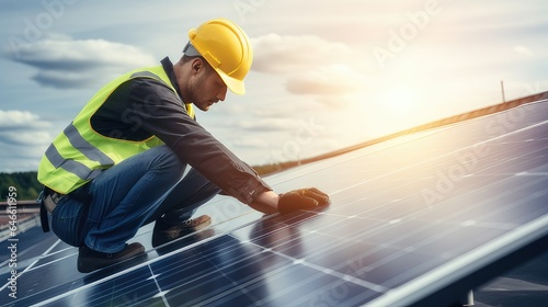 construction worker installing a solar panel. generative AI