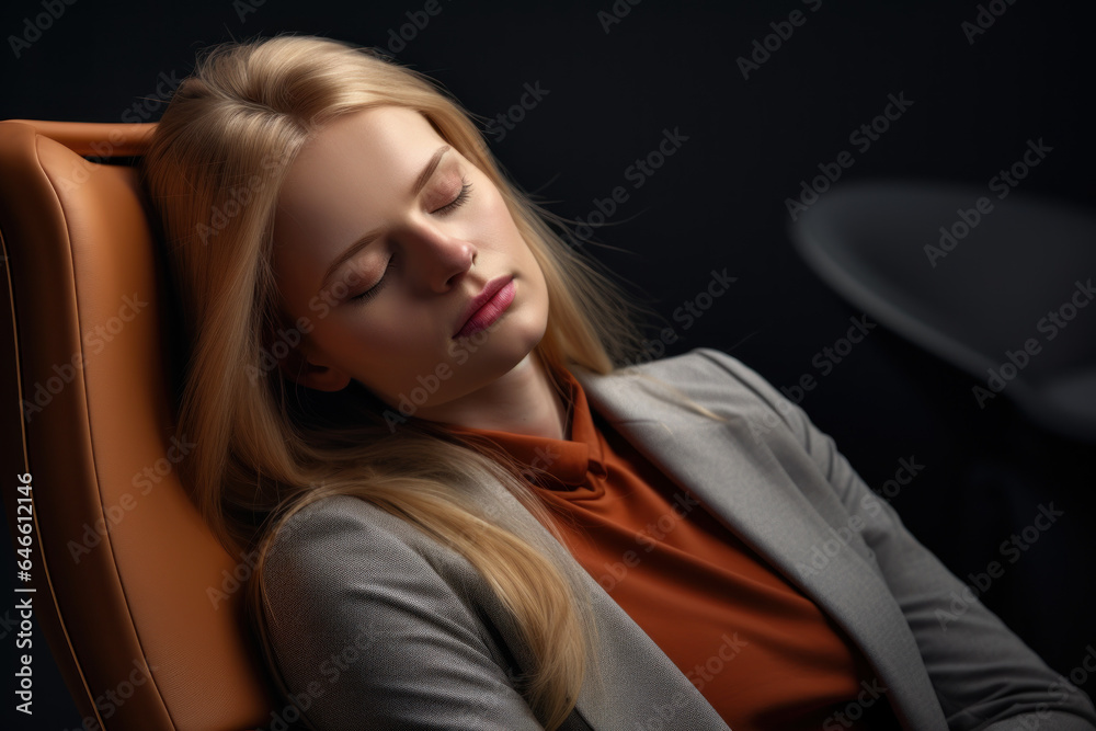 A person sits on a chair and gently leans their head to the side, using their hand to add a slight stretch to the neck muscles. Generative Ai. A person sits on a chair and gently leans their head to the side, using their hand to add a slight stretch to the neck muscles. Generative Ai.