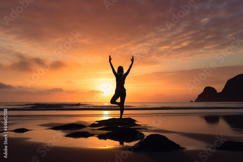 A person enjoys a sunrise yoga session on the beach, combining movement, nature, and mindfulness to enhance overall wellbeing. Generative Ai.
