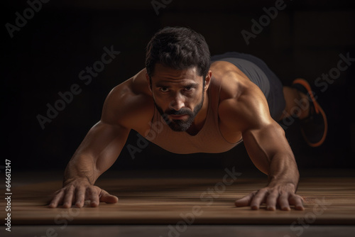 A person practices a primal push-up variation that incorporates twisting and reaching movements for enhanced functional strength. Generative Ai.