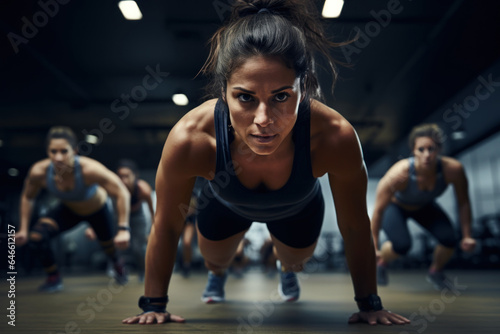 A fitness class practices primal movement drills that involve crawling, reaching, and lunging, promoting coordination and strength. Generative Ai.