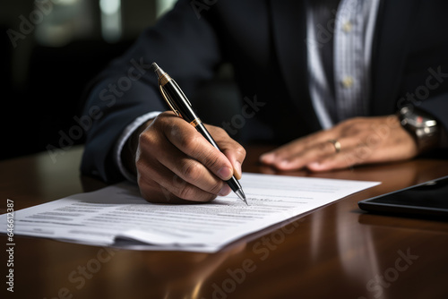 A close-up of a person's hand filling out immigration paperwork, highlighting bureaucratic challenges. Generative Ai.