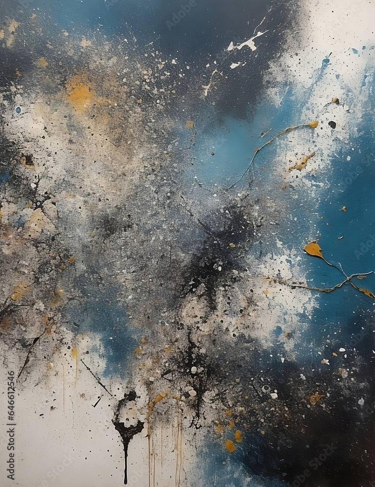 A chaotic, abstract canvas of splattered paint and distressed textures