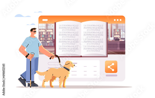 bling man walking with guide dog assistant and reading with braille alphabet people with disabilities concept horizontal