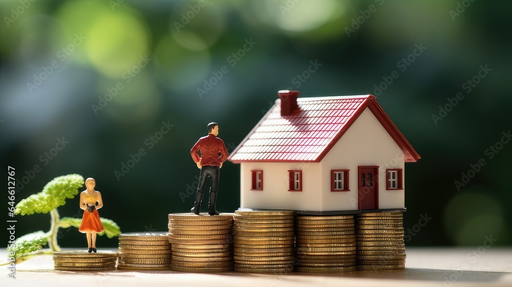 small model house on a table with a stack of coins. Concept for real estate and saving for a home. generative AI small model house on a table with a stack of coins. Concept for real estate and saving for a home. generative AI