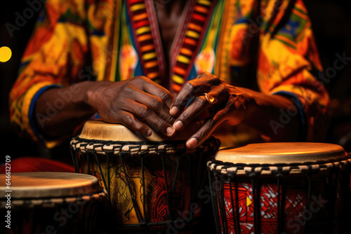 A close-up of a person's hand playing a djembe drum, an integral part of African percussion music. Generative Ai.