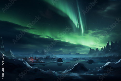 Polar Bear in North Pole at night with aurora sky and scenic snow mountain view, create using Generative Ai Tools