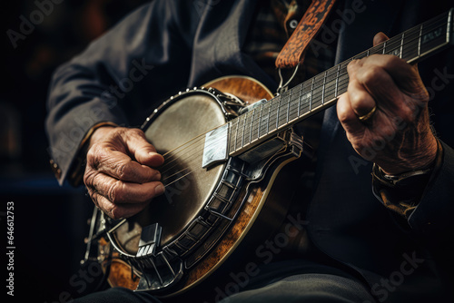 A close-up of a person's hand strumming a banjo, a quintessential instrument in American folk music. Generative Ai.