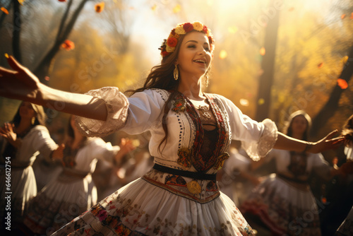 Folk dancers in Ukraine performing intricate traditional dances in traditional clothing. Generative Ai.