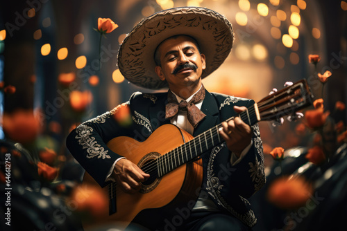 Traditional Mariachi musicians in Mexico donning their iconic attire and serenading with heartfelt music. Generative Ai.