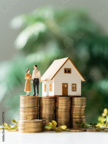 small model house on a table with a stack of coins. Concept for real estate and saving for a home. generative AI