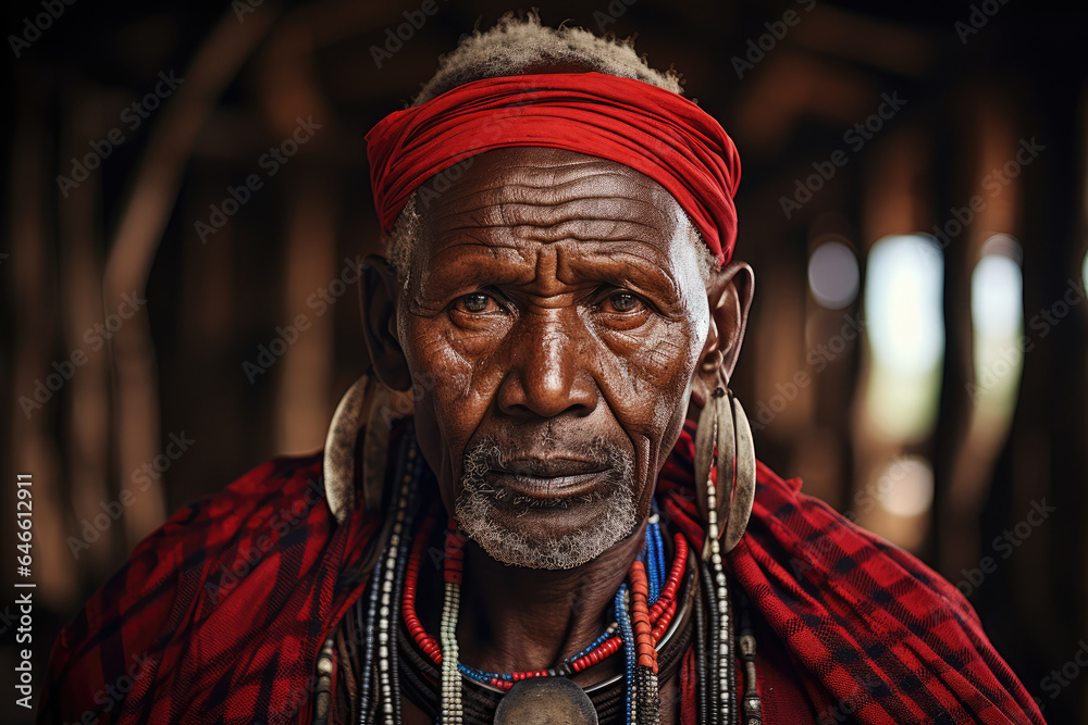 A Kenyan storyteller adorned in Maasai attire recounting stories of the Maasai people's heritage. Generative Ai.