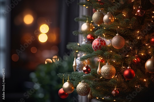 Enchanting Christmas Tree Adorned with Decorations on a Blurred Backdrop