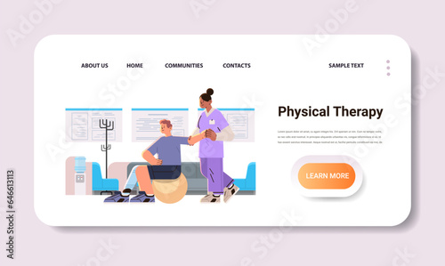doctor helps patient after injury or medical operation during physio therapy man with replaced robotic leg having physical rehabilitation horizontal