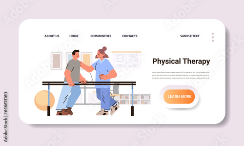 doctor helps patient after injury or medical operation during physio therapy man having physical rehabilitation horizontal