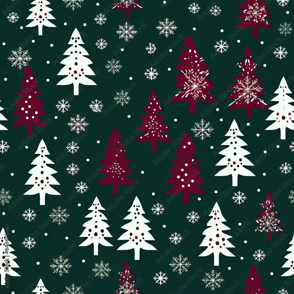 Christmas trees, forest green, burgundy, white snowflakes, vector, seamless pattern AI Generated