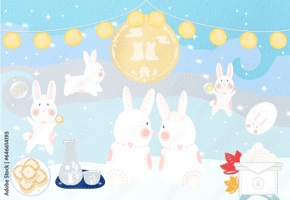 cute bunny family moon viewing  background 