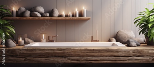 a minimalist bathroom with a vintage wooden table/shelf, candles, pebbles, a bathtub, and a vertical garden creating a zen atmosphere in the architectural interior design.