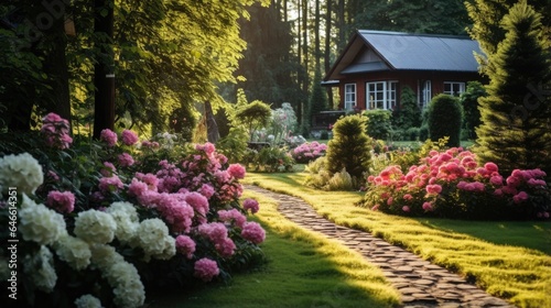 luxury landscape design with green manicured lawn  beautiful flower beds and path. 