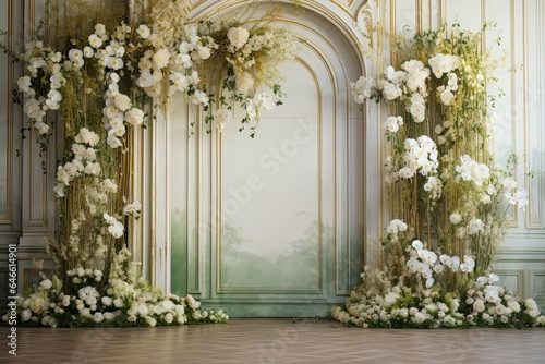 wedding backdrop aesthetic flower decoration white yellow indoor minimalist studio background